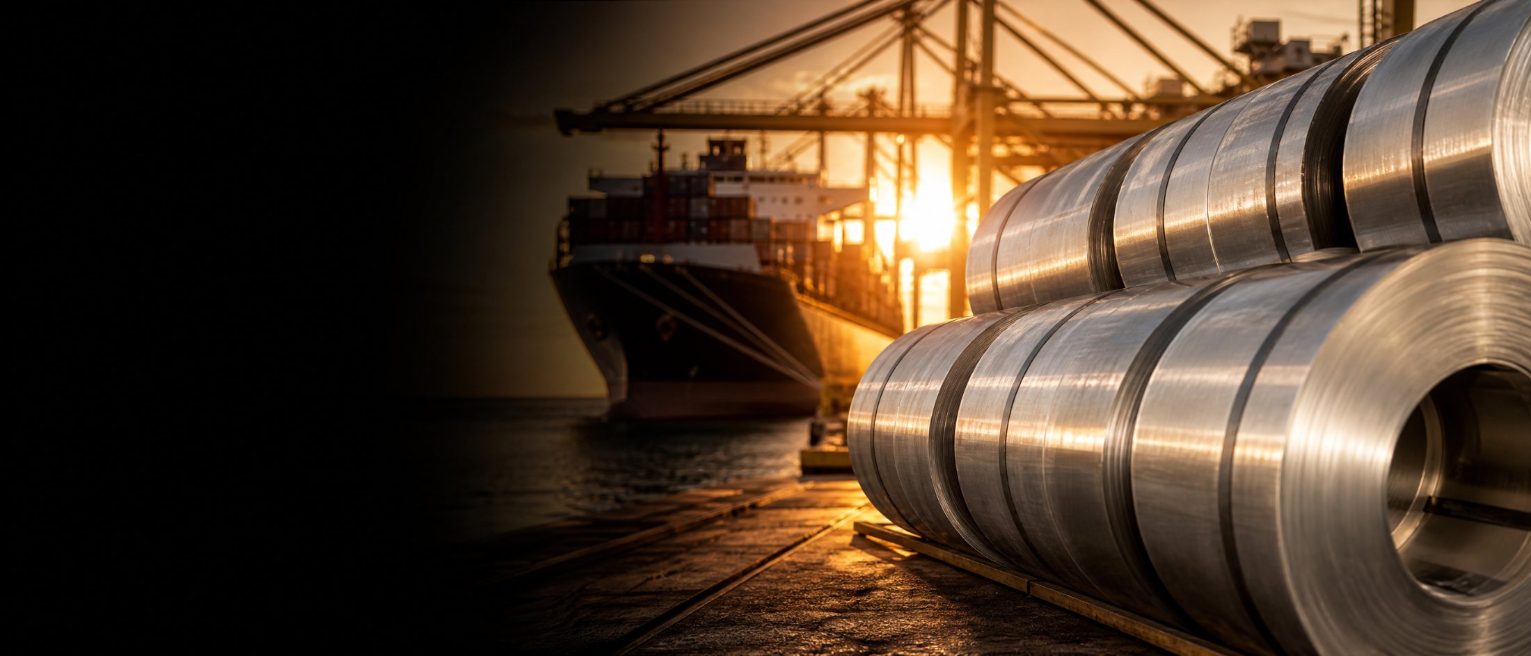Steel coils on the quay with a container ship and gantry cranes at sunset